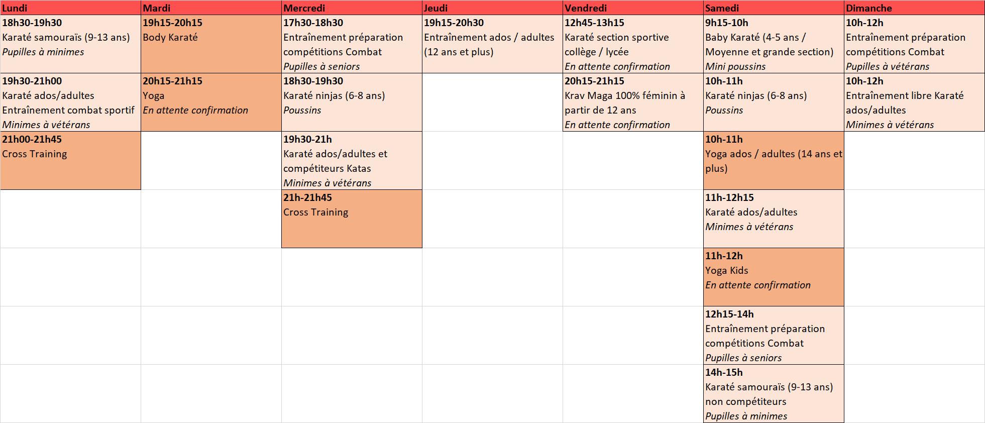 Planning entraînements Karaté Liffré Cormier